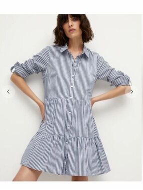 Veronica Beard Blue and White Striped Tiered Shirt Dress